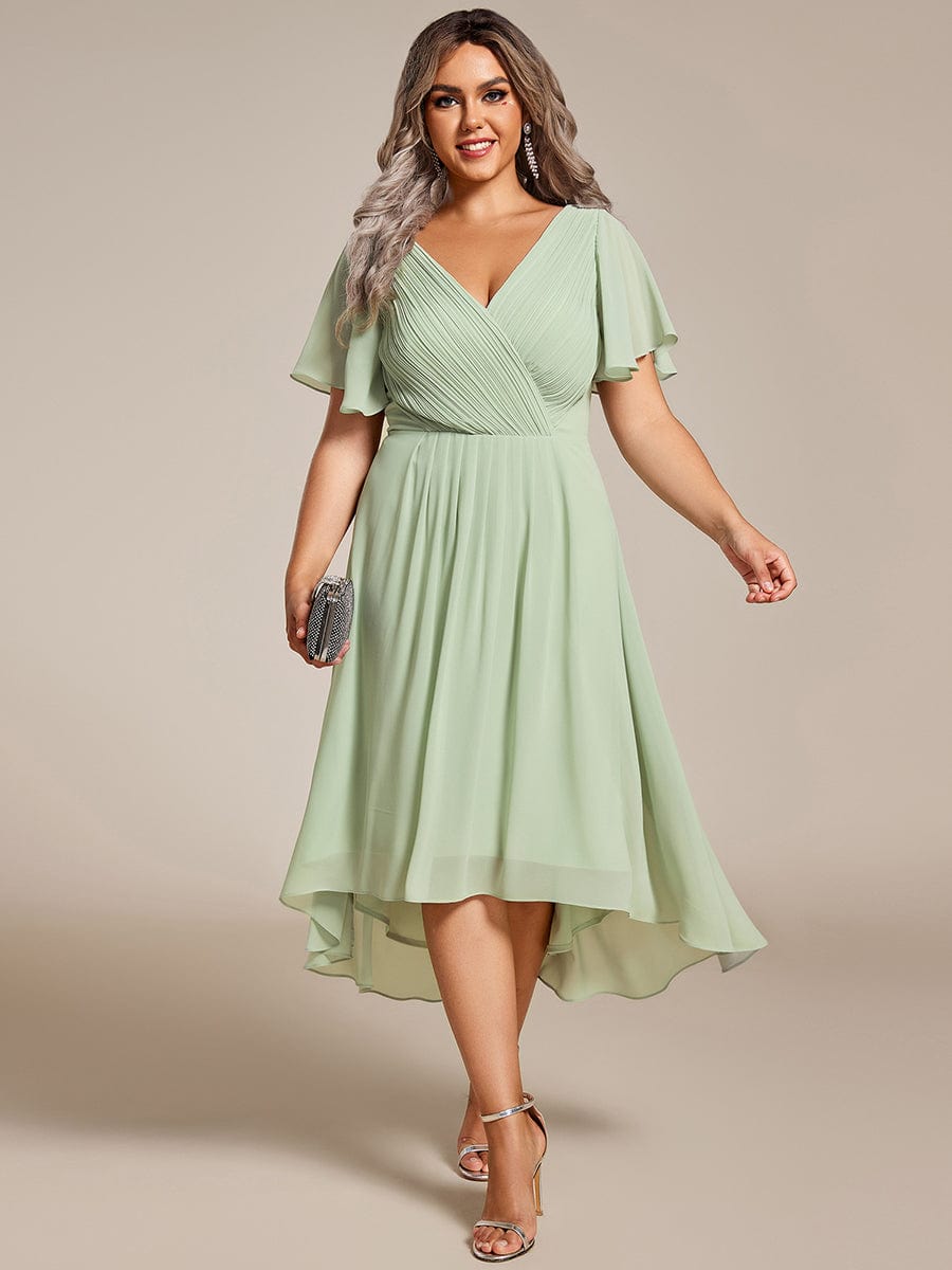 Plus Size Pleated V-Neck Chiffon Midi Dress with Ruffle Sleeves #color_Sage Green