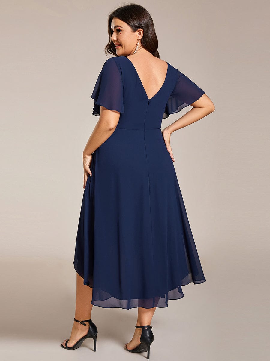 Plus Size Pleated V-Neck Chiffon Midi Dress with Ruffle Sleeves #color_Navy Blue