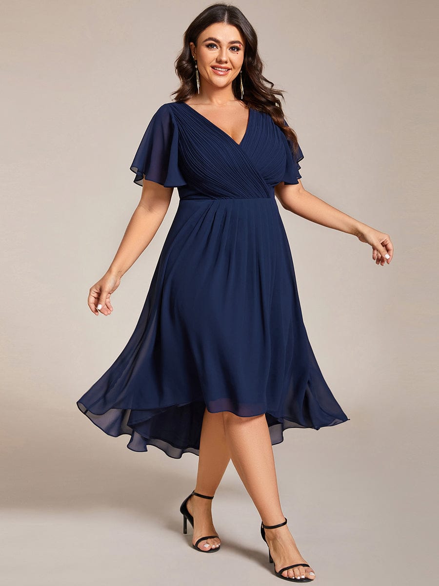 Plus Size Pleated V-Neck Chiffon Midi Dress with Ruffle Sleeves #color_Navy Blue