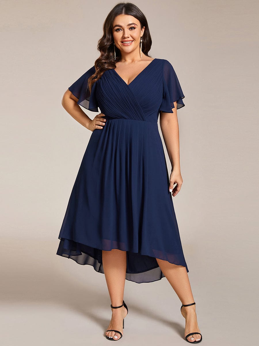 Plus Size Pleated V-Neck Chiffon Midi Dress with Ruffle Sleeves #color_Navy Blue