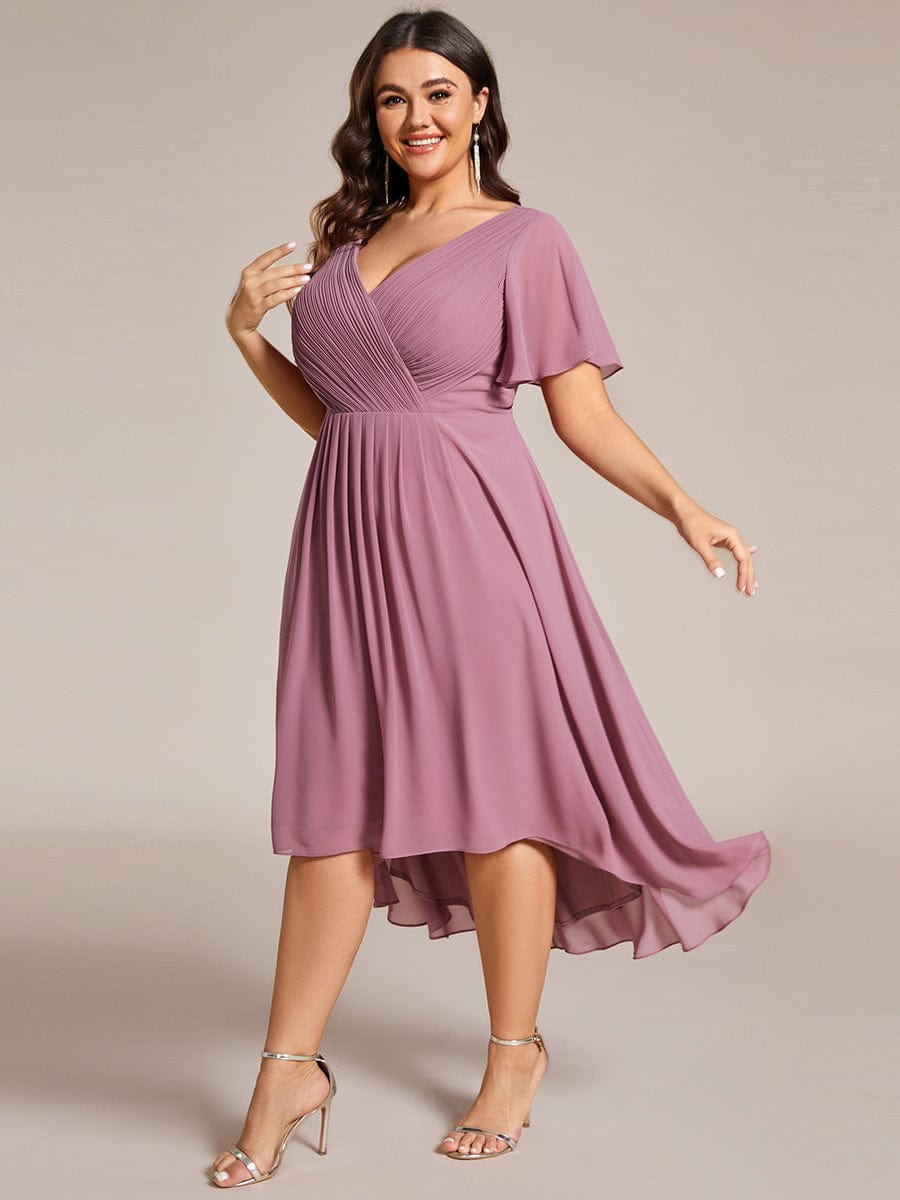 Plus Size Pleated V-Neck Chiffon Midi Dress with Ruffle Sleeves #color_Purple Orchid