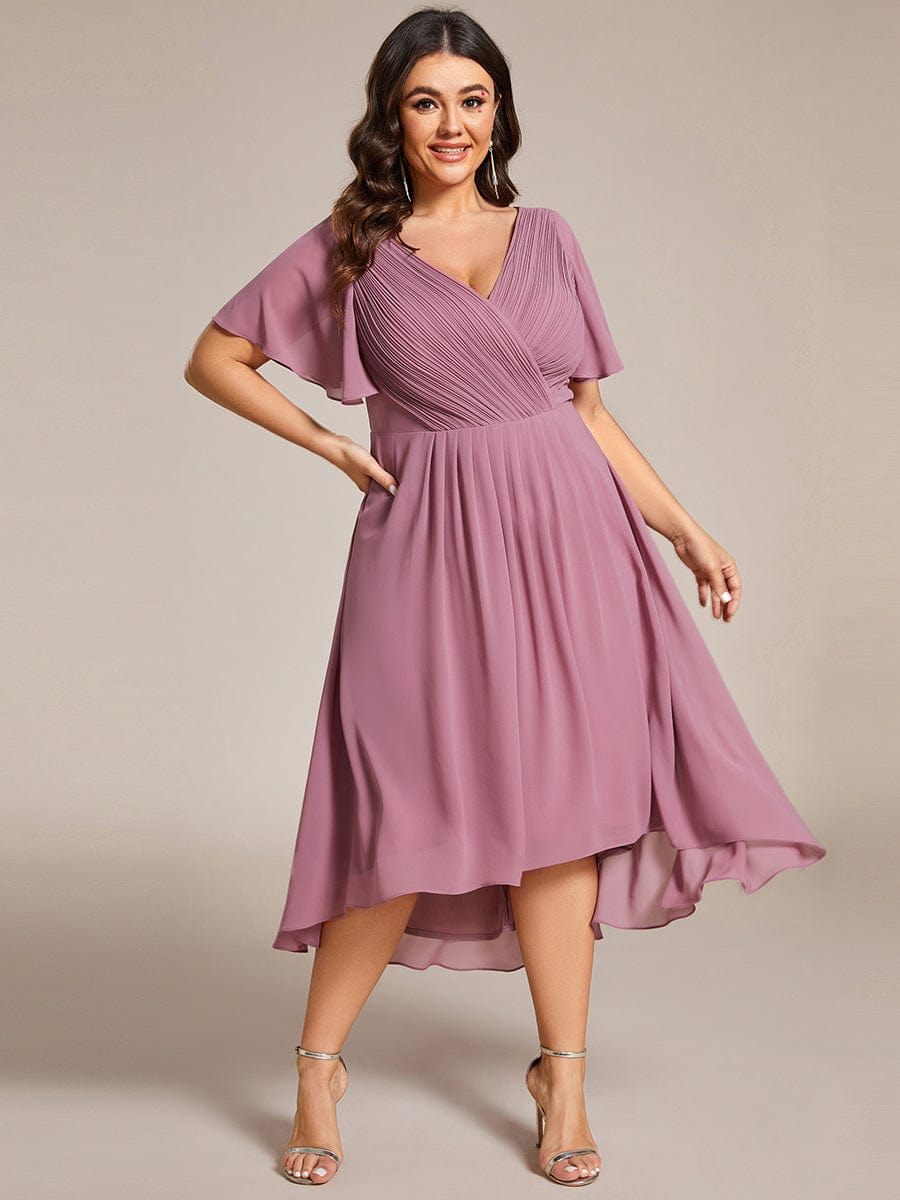 Plus Size Pleated V-Neck Chiffon Midi Dress with Ruffle Sleeves #color_Purple Orchid