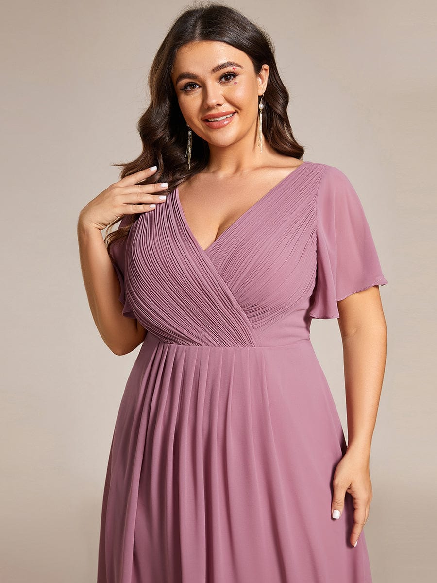 Plus Size Pleated V-Neck Chiffon Midi Dress with Ruffle Sleeves #color_Purple Orchid