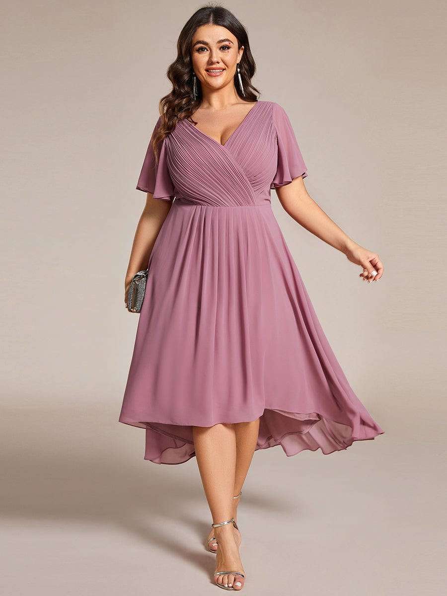 Plus Size Pleated V-Neck Chiffon Midi Dress with Ruffle Sleeves #color_Purple Orchid