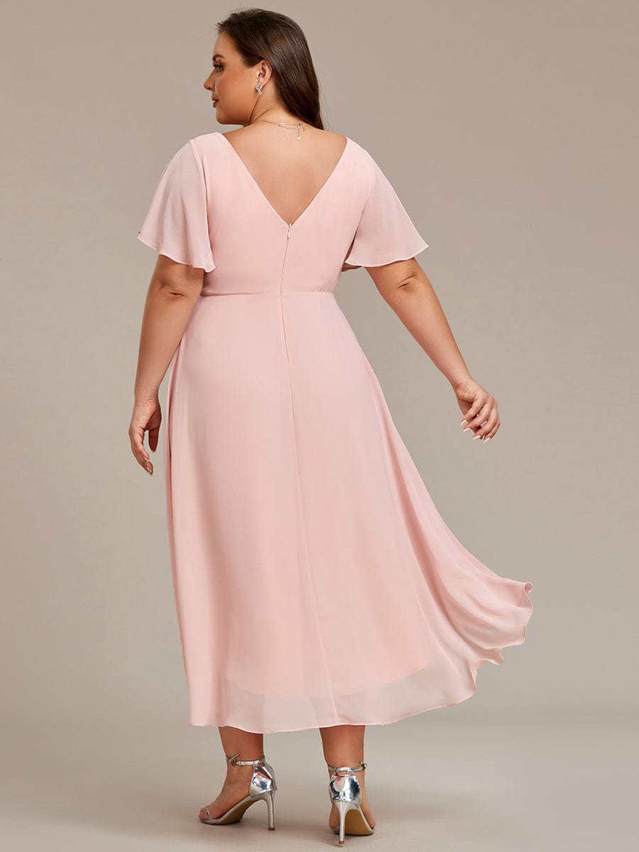 Plus Size Pleated V-Neck Chiffon Midi Dress with Ruffle Sleeves #color_Pink