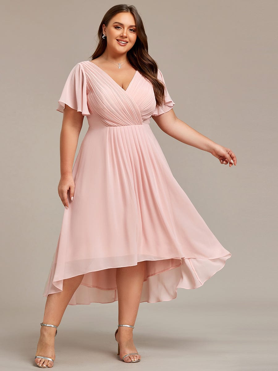 Plus Size Pleated V-Neck Chiffon Midi Dress with Ruffle Sleeves #color_Pink