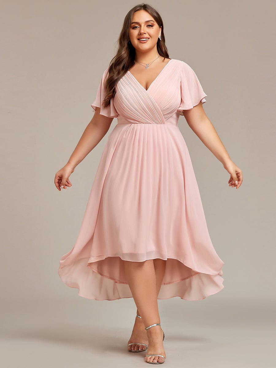 Plus Size Pleated V-Neck Chiffon Midi Dress with Ruffle Sleeves #color_Pink