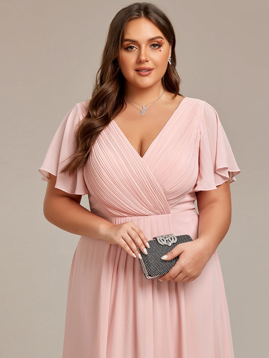 Plus Size Pleated V-Neck Chiffon Midi Dress with Ruffle Sleeves #color_Pink