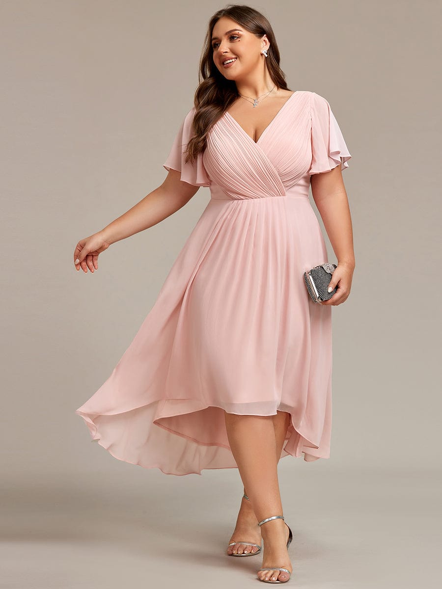 Plus Size Pleated V-Neck Chiffon Midi Dress with Ruffle Sleeves #color_Pink