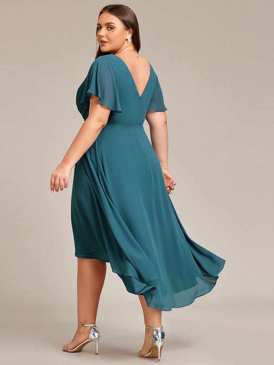 Plus Size Pleated V-Neck Chiffon Midi Dress with Ruffle Sleeves #color_Teal