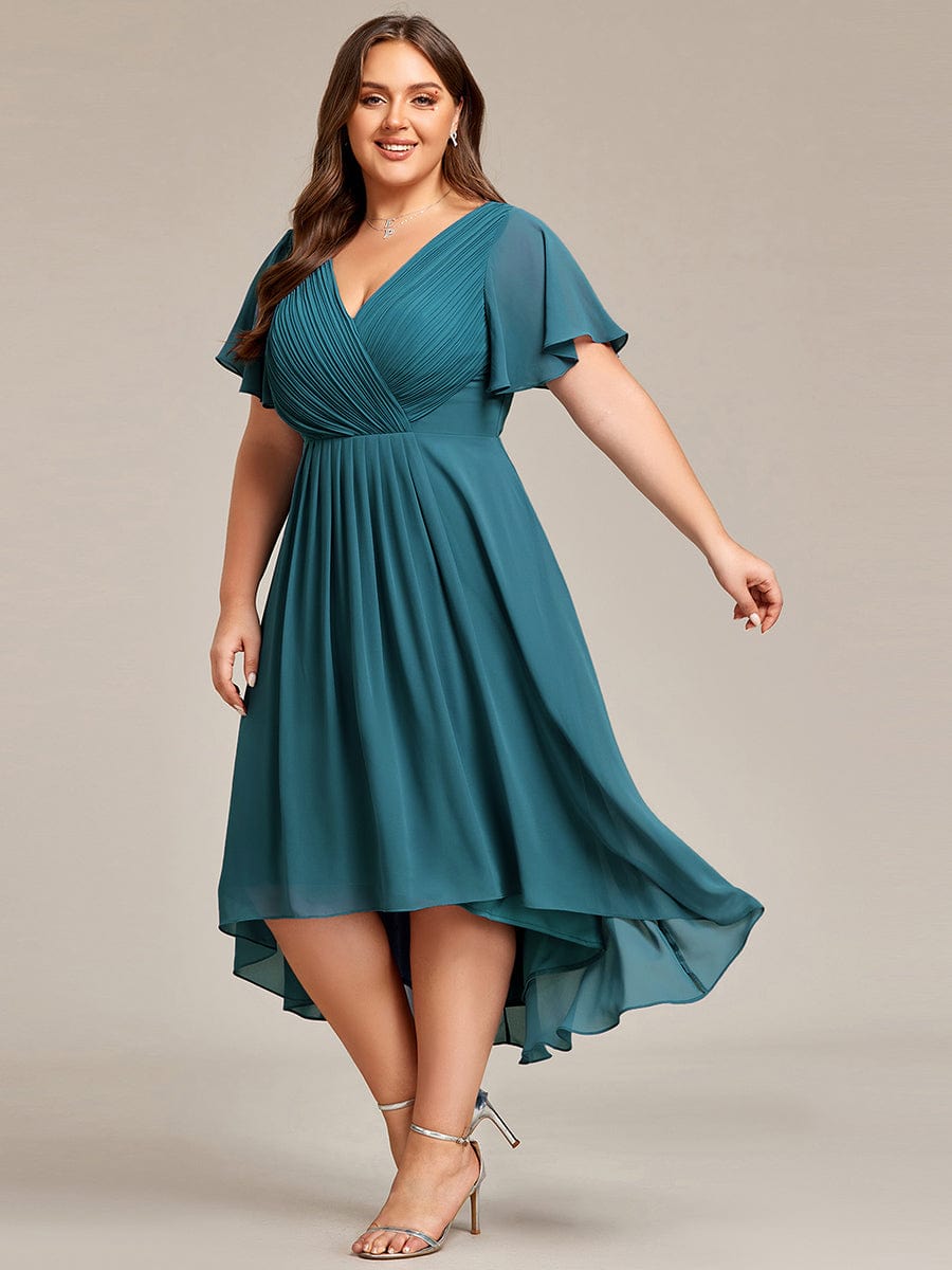 Plus Size Pleated V-Neck Chiffon Midi Dress with Ruffle Sleeves #color_Teal