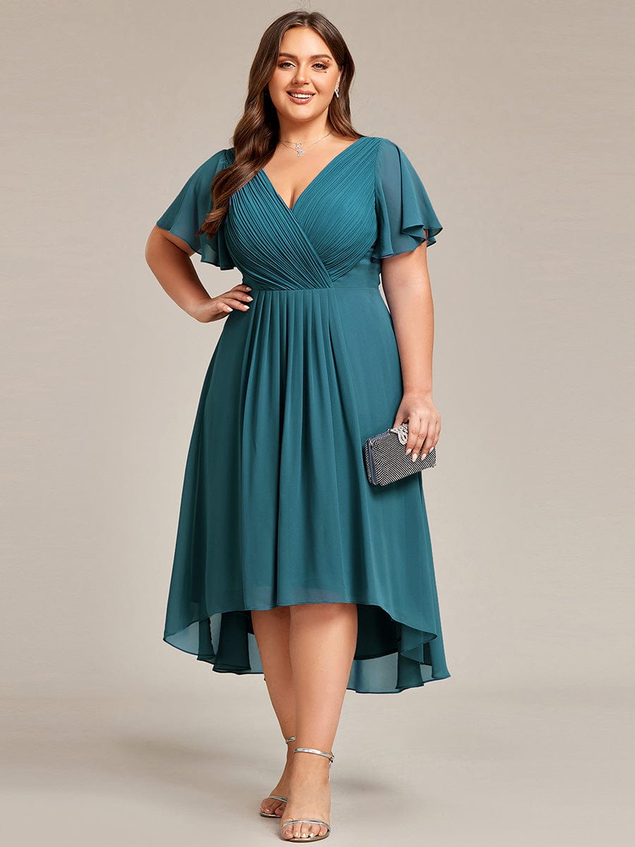 Plus Size Pleated V-Neck Chiffon Midi Dress with Ruffle Sleeves #color_Teal