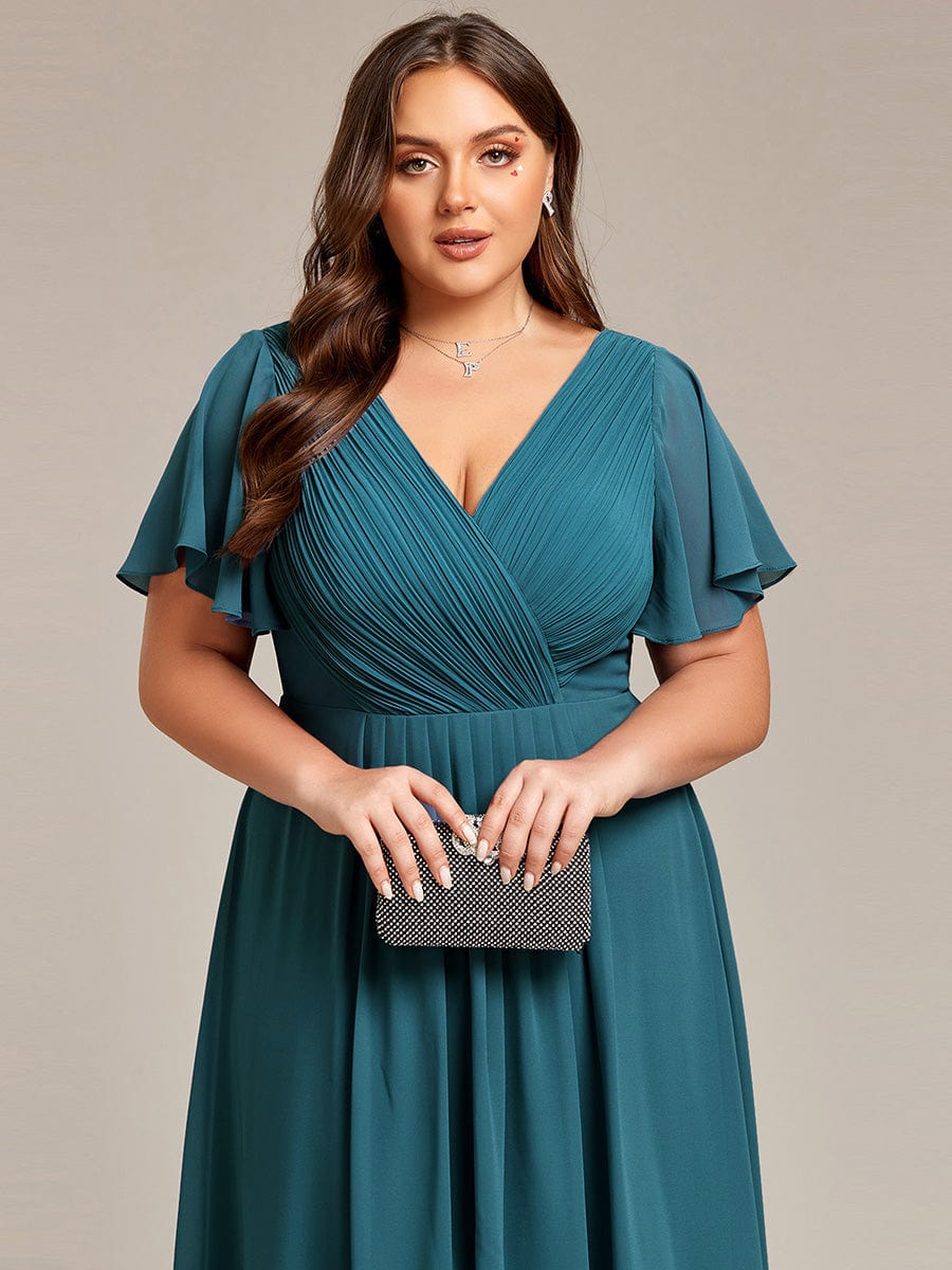 Plus Size Pleated V-Neck Chiffon Midi Dress with Ruffle Sleeves #color_Teal