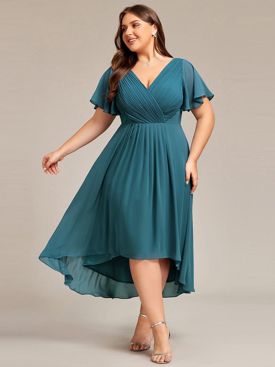 Plus Size Pleated V-Neck Chiffon Midi Dress with Ruffle Sleeves #color_Teal