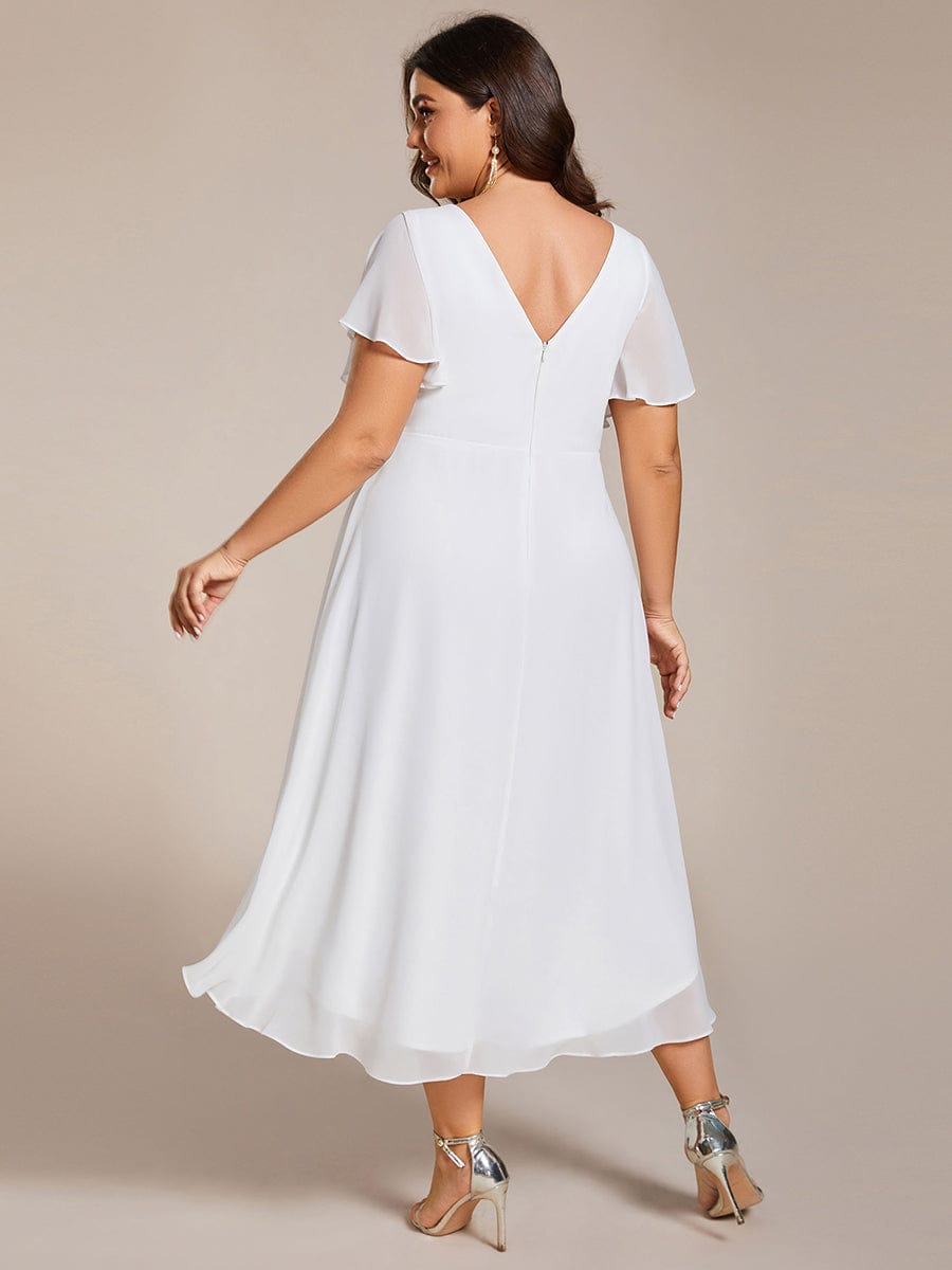 Plus Size Pleated V-Neck Chiffon Midi Dress with Ruffle Sleeves #color_White