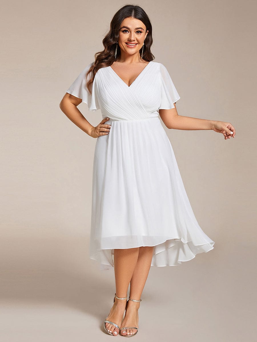 Plus Size Pleated V-Neck Chiffon Midi Dress with Ruffle Sleeves #color_White