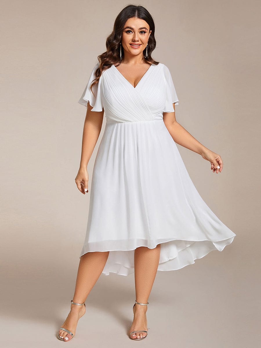 Plus Size Pleated V-Neck Chiffon Midi Dress with Ruffle Sleeves #color_White