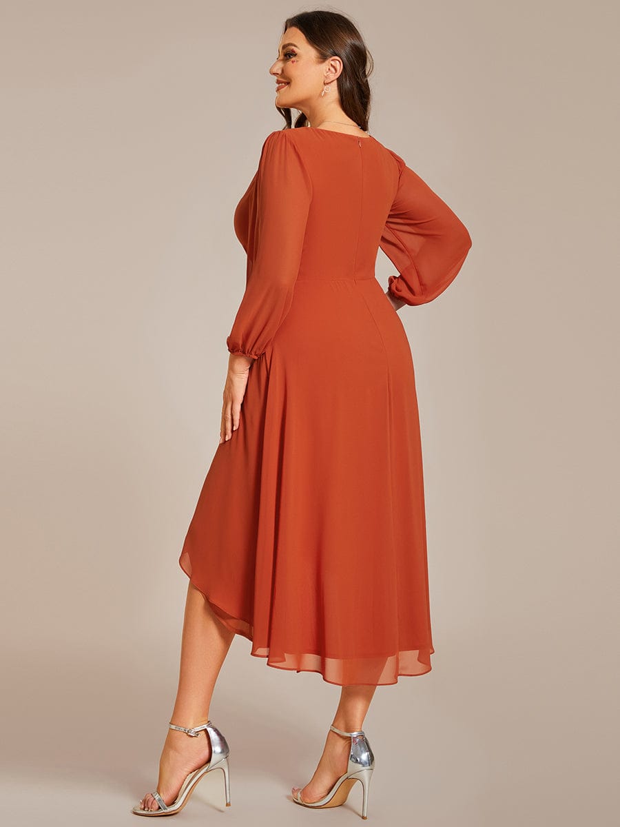 Plus Size Pleated Chiffon Long Sleeve Midi Dress #color_Burnt Orange