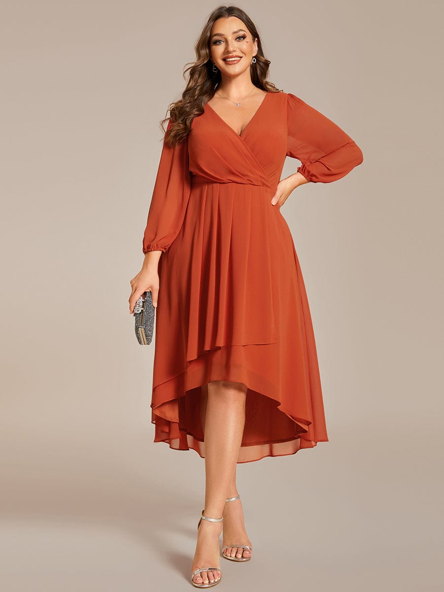 Plus Size Pleated Chiffon Long Sleeve Midi Dress #color_Burnt Orange