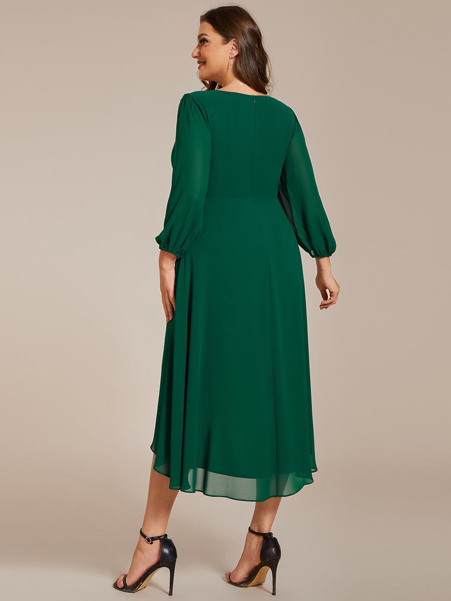 Plus Size Pleated Chiffon Long Sleeve Midi Dress #color_Dark Green