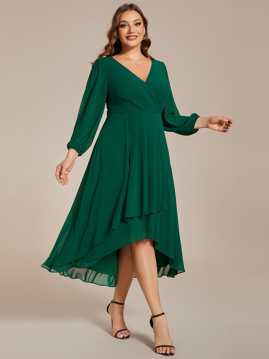 Plus Size Pleated Chiffon Long Sleeve Midi Dress #color_Dark Green