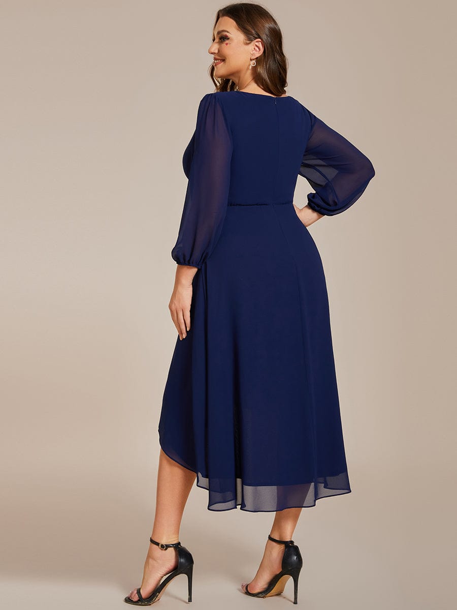 Plus Size Pleated Chiffon Long Sleeve Midi Dress #color_Navy Blue