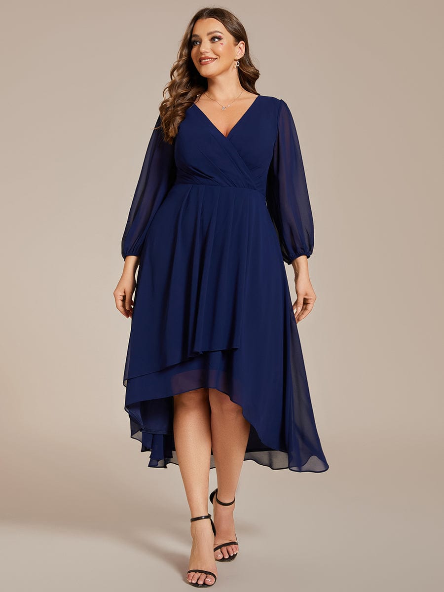 Plus Size Pleated Chiffon Long Sleeve Midi Dress #color_Navy Blue