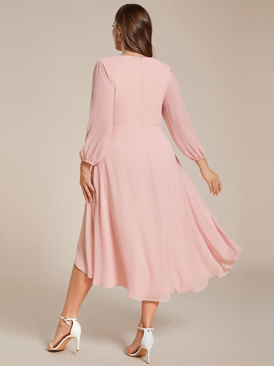 Plus Size Pleated Chiffon Long Sleeve Midi Dress #color_Pink