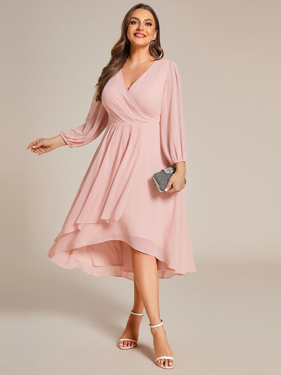 Plus Size Pleated Chiffon Long Sleeve Midi Dress #color_Pink