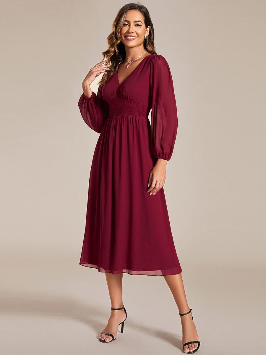 Plus Size Flowy Long Sleeve Midi Chiffon Dress #color_Burgundy