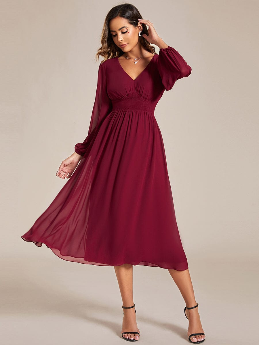 Plus Size Flowy Long Sleeve Midi Chiffon Dress #color_Burgundy