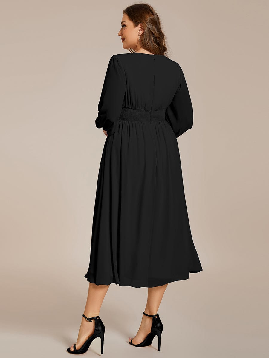 Plus Size Flowy Long Sleeve Midi Chiffon Dress #color_Black