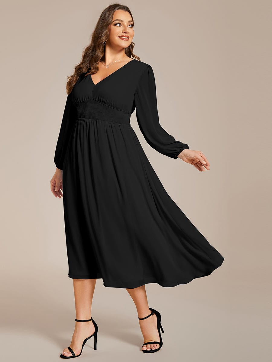 Plus Size Flowy Long Sleeve Midi Chiffon Dress #color_Black