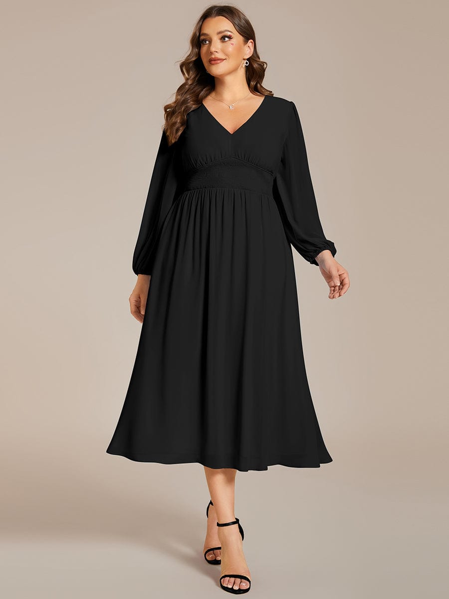 Plus Size Flowy Long Sleeve Midi Chiffon Dress #color_Black