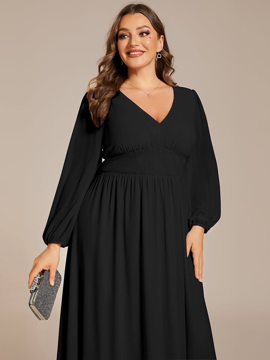 Plus Size Flowy Long Sleeve Midi Chiffon Dress #color_Black