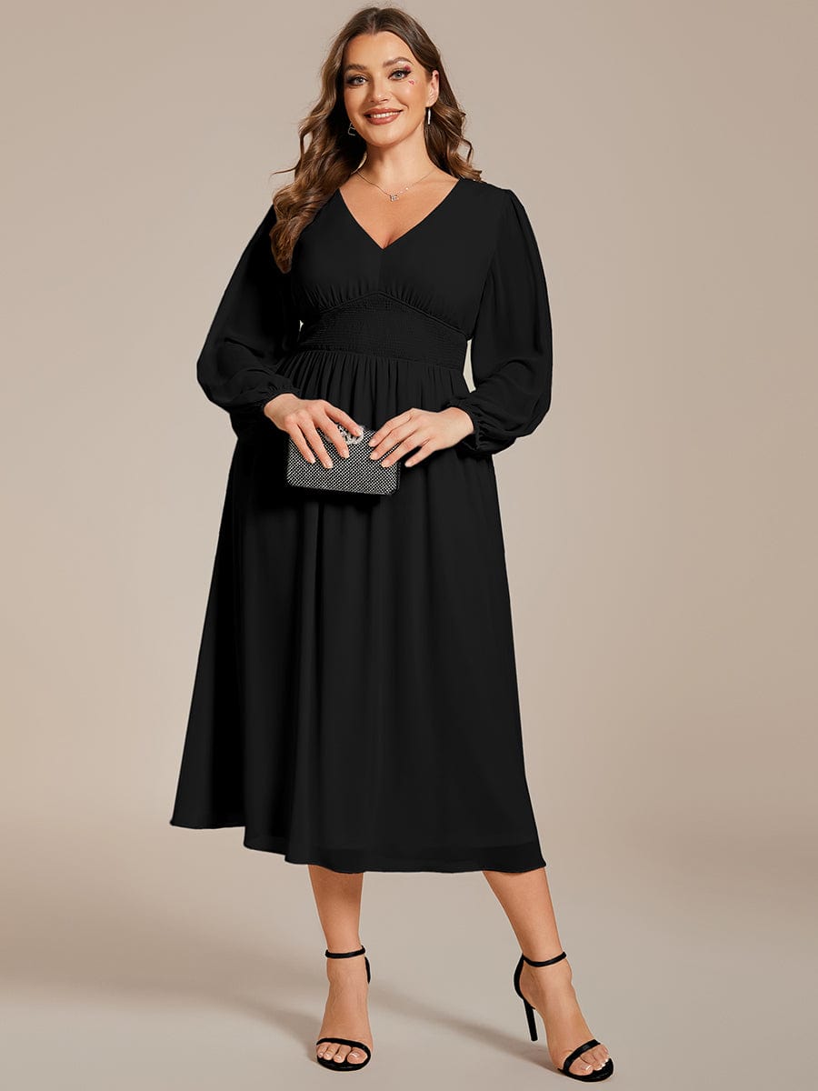 Plus Size Flowy Long Sleeve Midi Chiffon Dress #color_Black