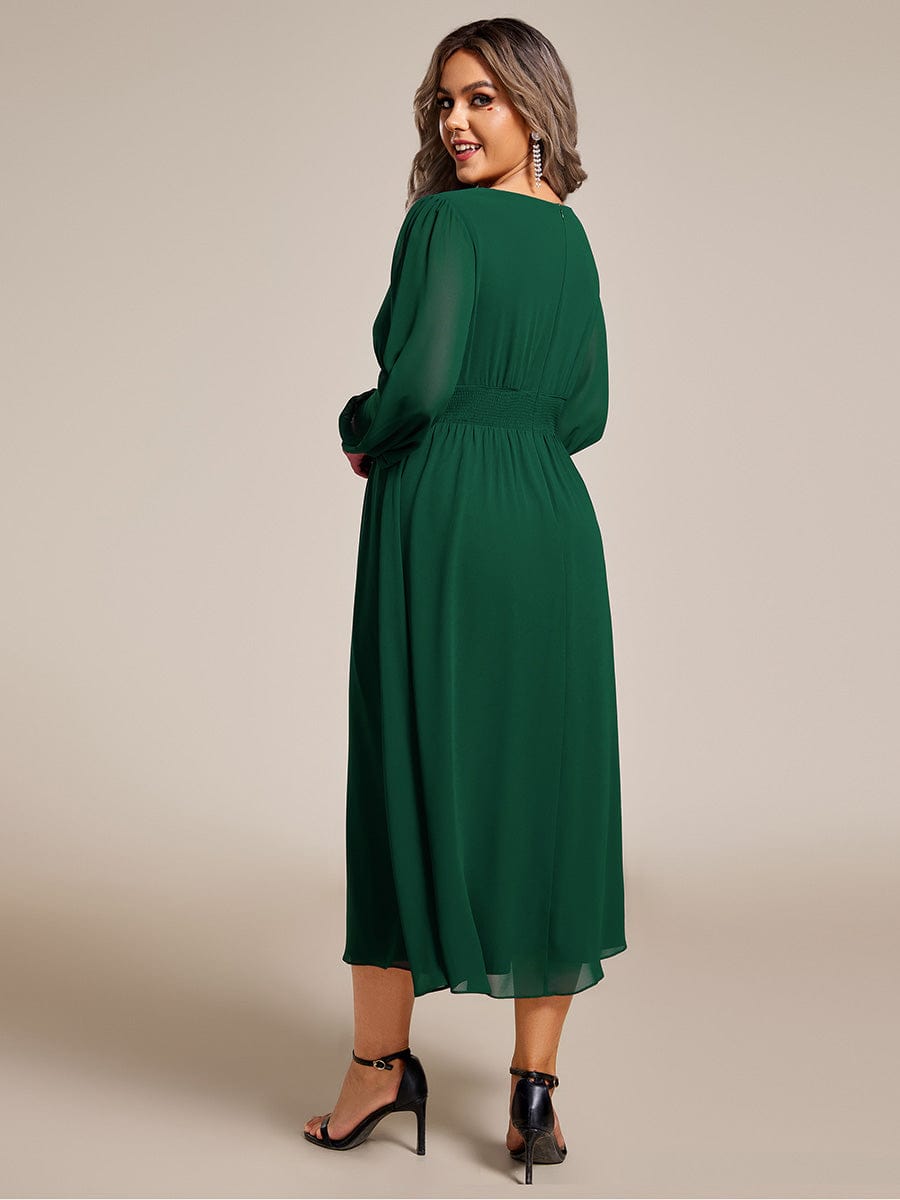 Plus Size Flowy Long Sleeve Midi Chiffon Dress #color_Dark Green