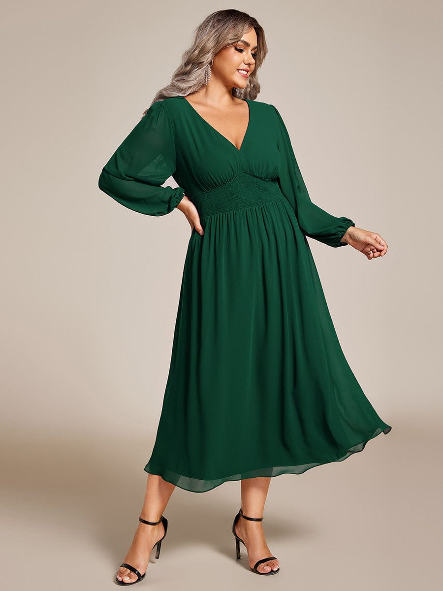 Plus Size Flowy Long Sleeve Midi Chiffon Dress #color_Dark Green