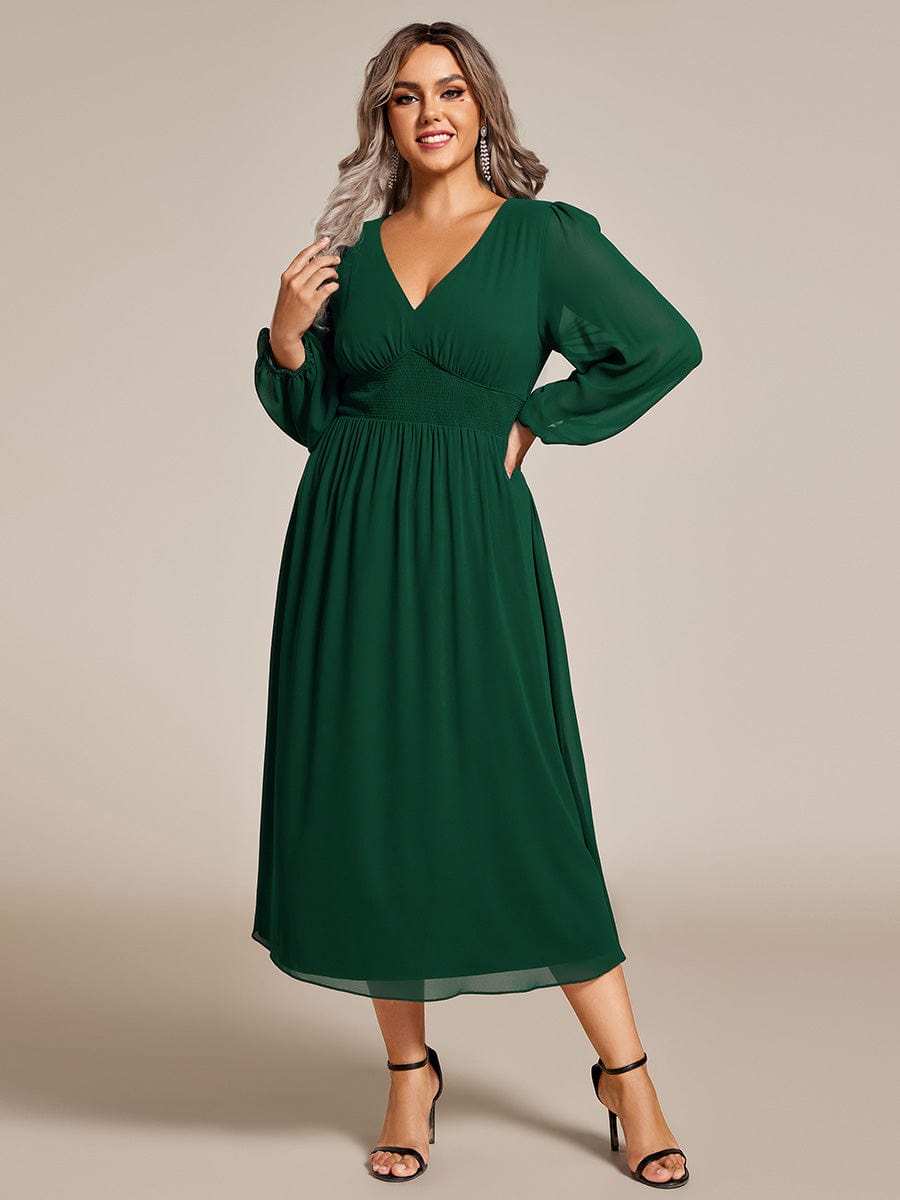 Plus Size Flowy Long Sleeve Midi Chiffon Dress #color_Dark Green