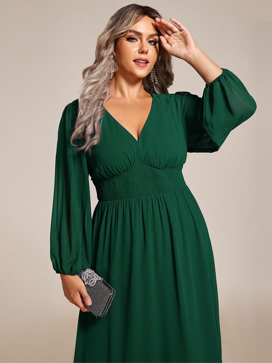 Plus Size Flowy Long Sleeve Midi Chiffon Dress #color_Dark Green