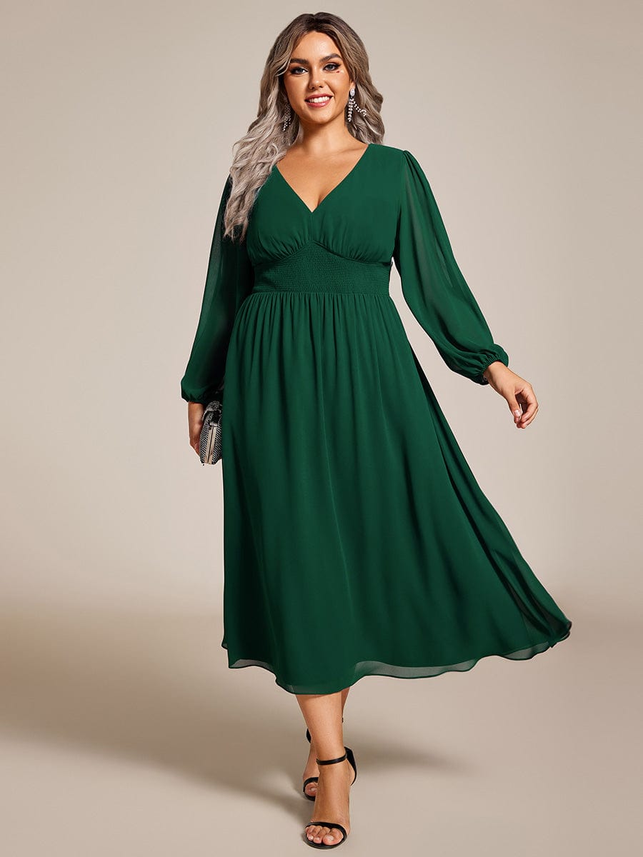 Plus Size Flowy Long Sleeve Midi Chiffon Dress #color_Dark Green