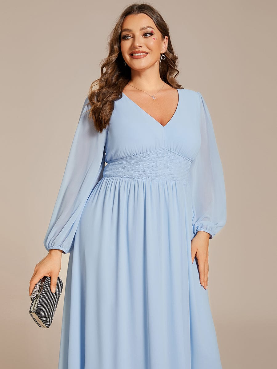 Plus Size Flowy Long Sleeve Midi Chiffon Dress #color_Ice Blue