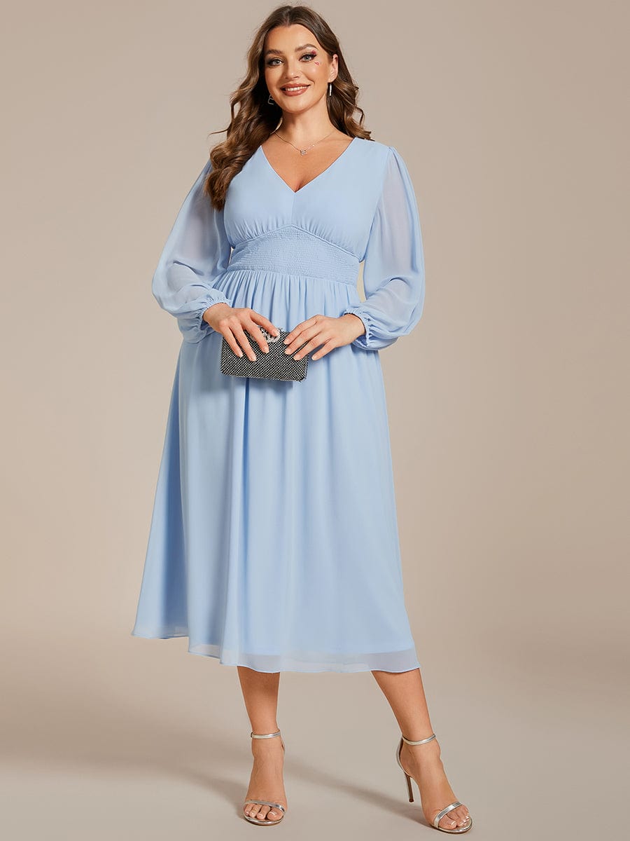 Plus Size Flowy Long Sleeve Midi Chiffon Dress #color_Ice Blue