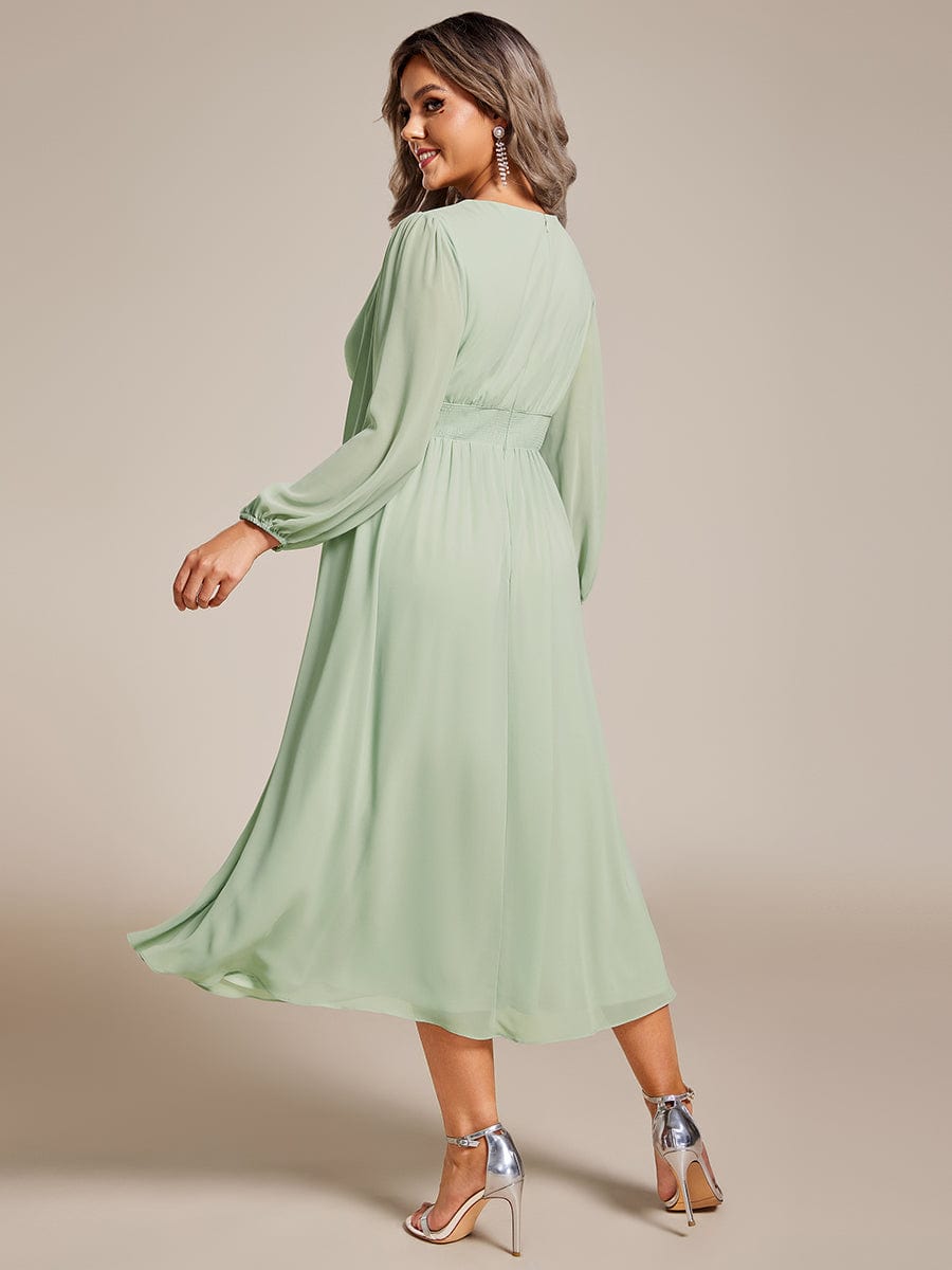 Plus Size Flowy Long Sleeve Midi Chiffon Dress #color_Sage Green