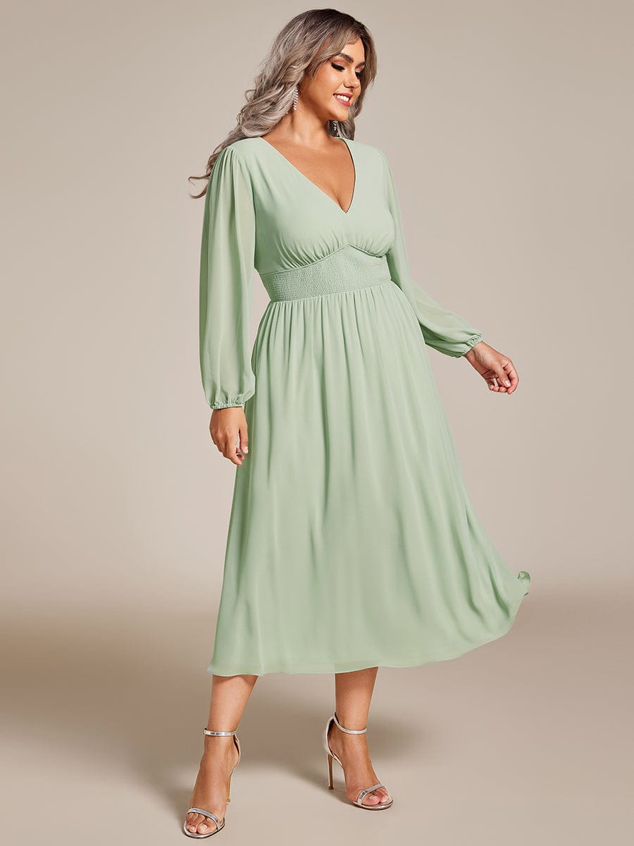 Plus Size Flowy Long Sleeve Midi Chiffon Dress #color_Sage Green