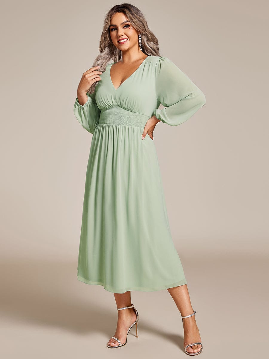 Plus Size Flowy Long Sleeve Midi Chiffon Dress #color_Sage Green