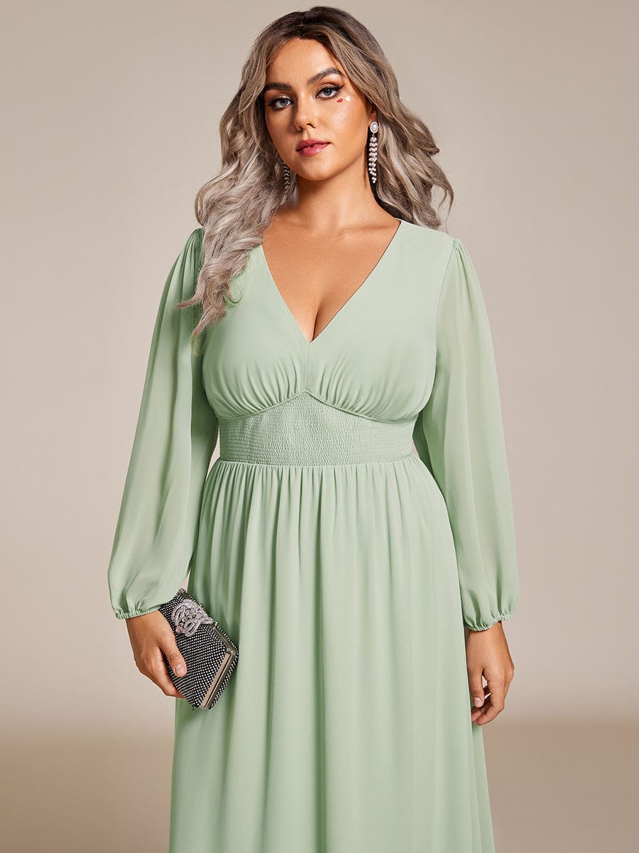 Plus Size Flowy Long Sleeve Midi Chiffon Dress #color_Sage Green