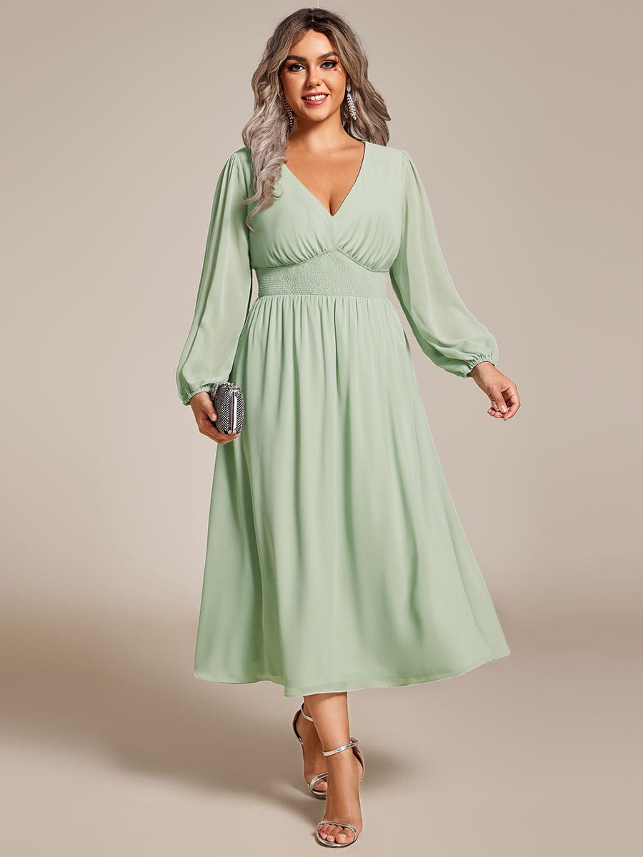 Plus Size Flowy Long Sleeve Midi Chiffon Dress #color_Sage Green