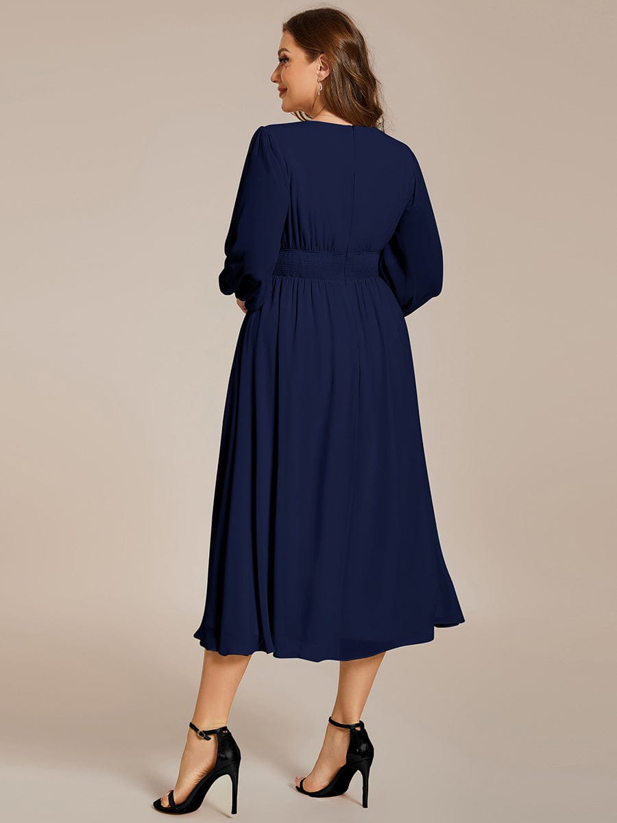 Plus Size Flowy Long Sleeve Midi Chiffon Dress #color_Navy Blue