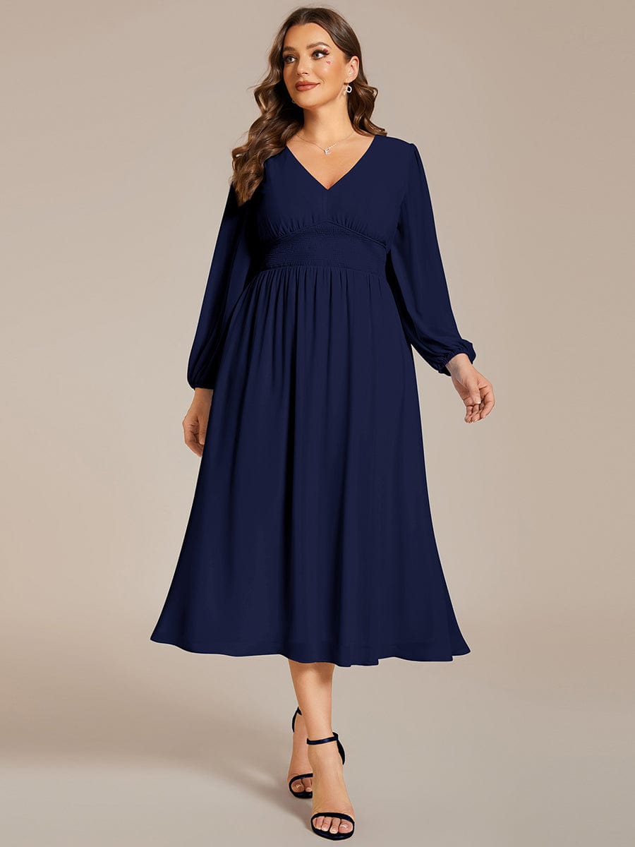 Plus Size Flowy Long Sleeve Midi Chiffon Dress #color_Navy Blue